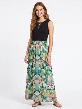 Nicole Tropical Flamingo Print Black Bodice Sheer Panel Maxi Dress Resortwear